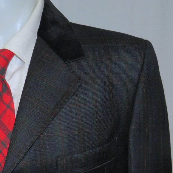 William Hunt Green Tartan Plaid Velvet Collar Three Button Long Riding Jacket L - Picture 1 of 14